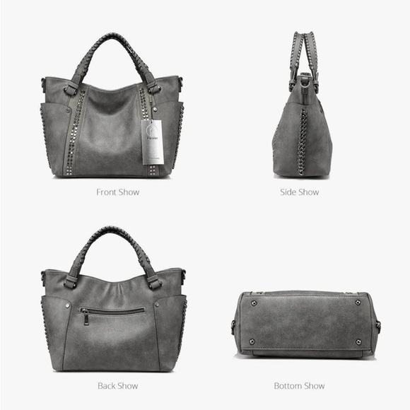 New Realer Gray Large Capacity Shoulder Bag/Tote Studded Details - Picture 9 of 16